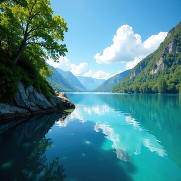 Wassertor unter blauem Himmel mit See in der Ferne, See, Blau, Natur