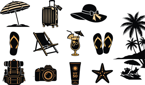 Beach vacation illustrations with travel items, tropical drink, and palm tree scene