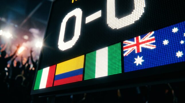 Digital scoreboard showing zero zero score with flags of Italy Colombia Nigeria and Australia at a stadium event.