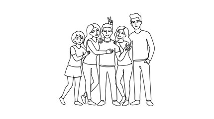 Obraz premium Happy Group of Friends Celebrating Together - Line Art Illustration