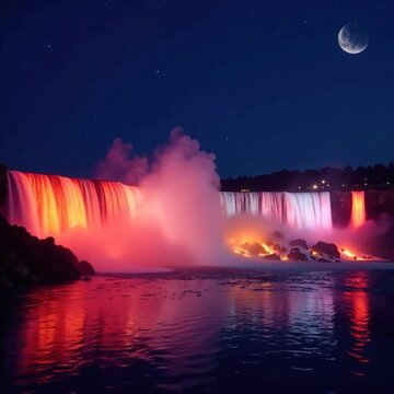 Waterfall display with light show on water at nighttime, lights, fountain, jewel