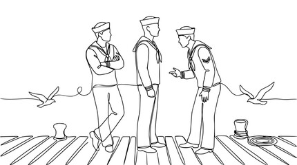 Obraz premium Sailors in Uniform Talking on a Pier with Seagulls Flying
