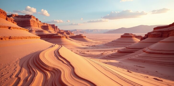 Wavy sandstone landscape with layered sedimentation, textured, sedimentary rock, beige
