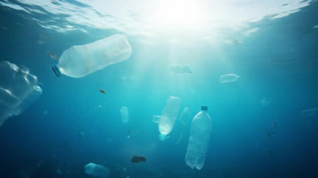 plastic bottles floating underwater in a blue ocean with sun rays shining through the water. This image depicts pollution in the marine environment
