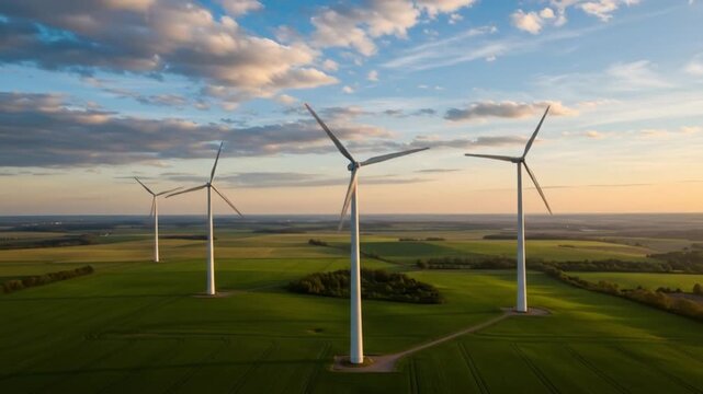 a row of wind turbines standing tall in a vast green field under a picturesque sky