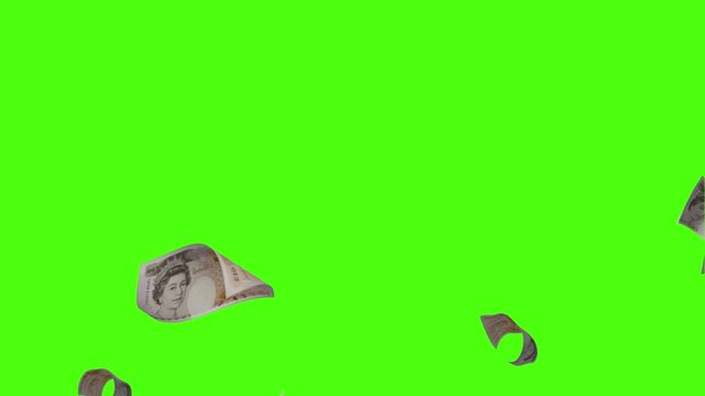 Abstract video overlay with falling English pound notes. An endlessly looped background with a money rain on the theme of the fall in the national currency rate. 