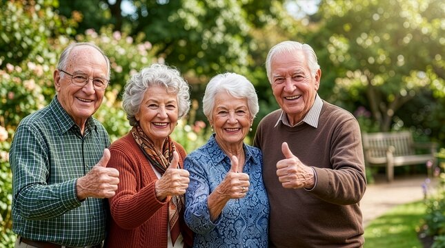 Four happy senior friends giving thumbs up in a garden with thumbs up well being golden years thumbs-up together lifestyle retirement greenery