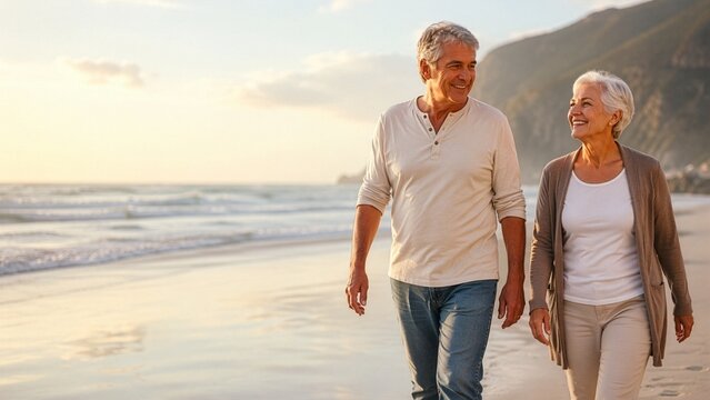 Senior couple walking along the beach at sunset with lifestyle retirement happiness together vacation togetherness relationship maturity