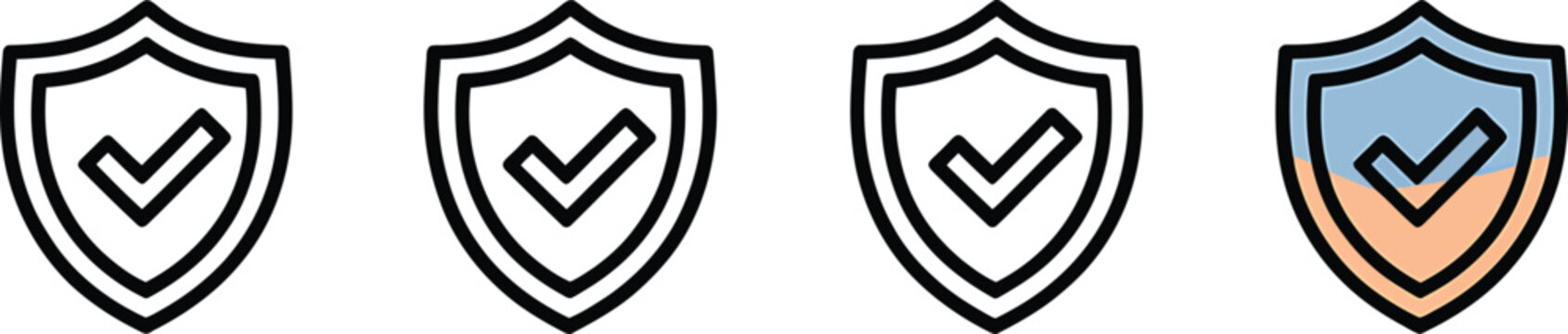 Four shield icons with checkmark symbols in different color variations isolated on transparent background
