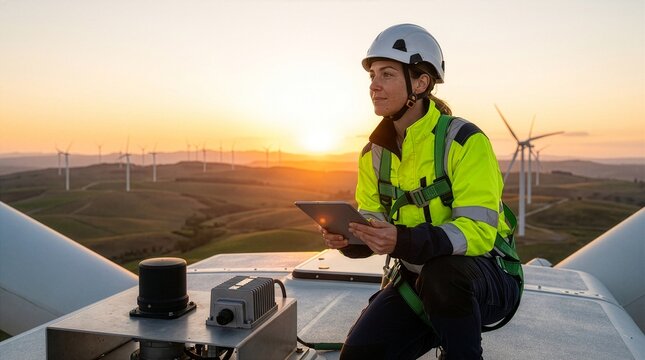 Renewable energy technician inspecting wind turbine on power plant with technician renewable engineering industry maintenance sustainable
