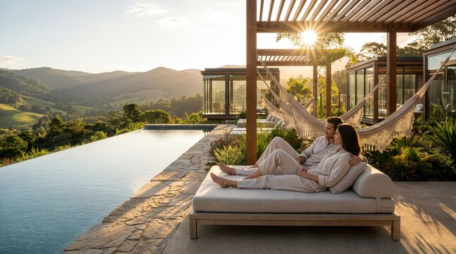 Couple resting on a daybed by an infinity pool at sunset with vacation relaxation lifestyle romantic peaceful wellness outdoors paradise