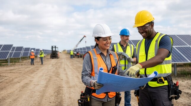 Construction team reviewing blueprints at solar energy site with construction engineer blueprints renewable professional industry planning