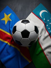 Fototapeta premium Soccer ball resting on the flags of democratic republic of the congo and uzbekistan