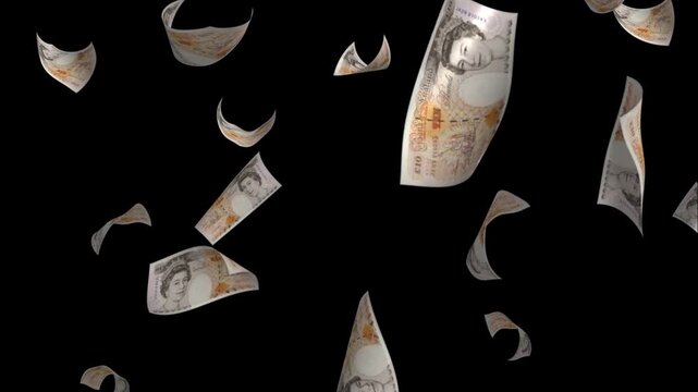 Abstract video overlay with falling English pound notes. An endlessly looped background with a money rain on the theme of the fall in the national currency rate. 