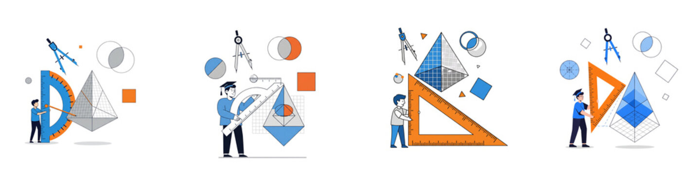 Students learning geometry with math tools and 3d shapes set