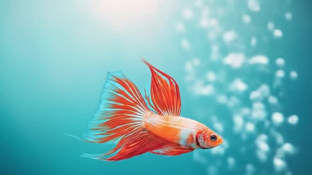 an elegant Betta fish with vibrant orange and white scales swims gracefully in clear blue water, accompanied by a stream of rising bubbles. The sunlight glints off the fish's flowing fins.
