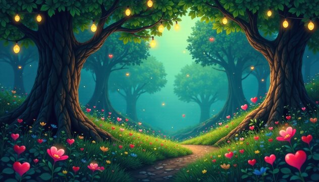 Whimsical forest with twinkling lights and hearts amidst lush greenery, romance, whimsy, heart decorations