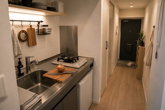 narrow kitchen counter with a cutting board and onion leading to the entrance of a modern studio apartment