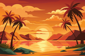 Obraz premium beautiful sunset landscape vector design with palm trees, flying birds and hills 