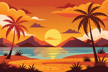 Fototapeta premium beautiful sunset landscape vector design with palm trees, flying birds and hills 