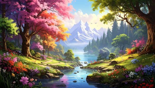 Vibrant fantasy landscape with blooming trees and mountains