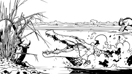 Fototapeta premium Wild crocodile attacking a goat in a dramatic swamp river scene with splashing water