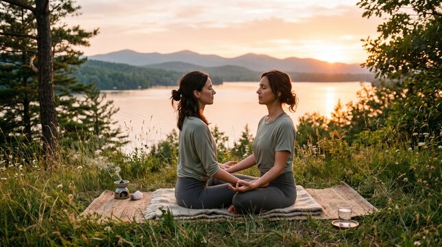 Two women meditating outdoors facing each other near lake at sunset surrounded by forest symbolizing peace connection and mindfulness