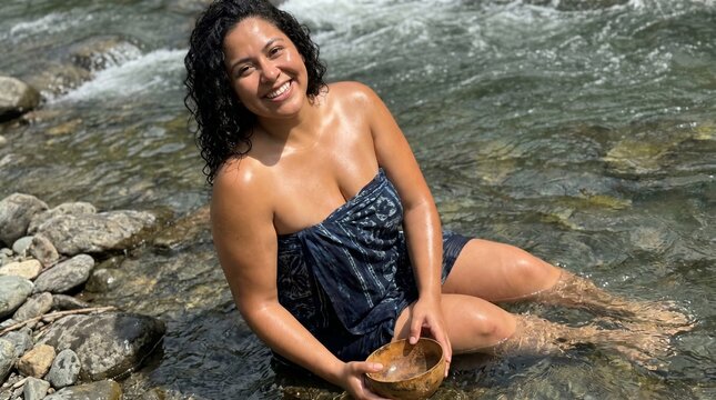 A joyful woman sitting in a shallow river with clear running water while holding a traditional wooden bowl.