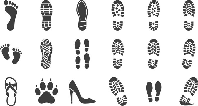 Footprint and shoe print icon collection with walking tracks paw marks and movement vector symbols