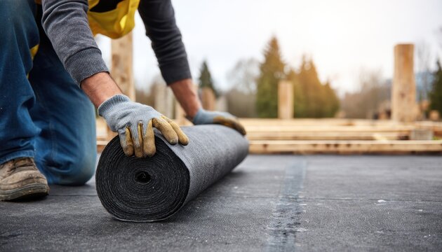 Construction worker wearing protective gloves unrolling a dark grey waterproofing membrane roll on a flat roof installation site
