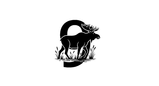 Majestic moose silhouette with curved antlers and grass.