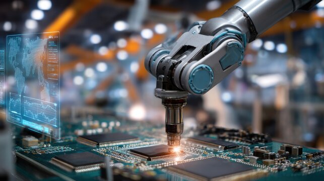 Robotic arm performing precise assembly work on an electronic circuit board with microchips in a automated factory setting