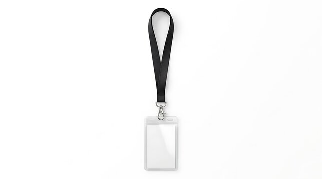 Blank ID Badge Mockup with Black Lanyard on White Background
