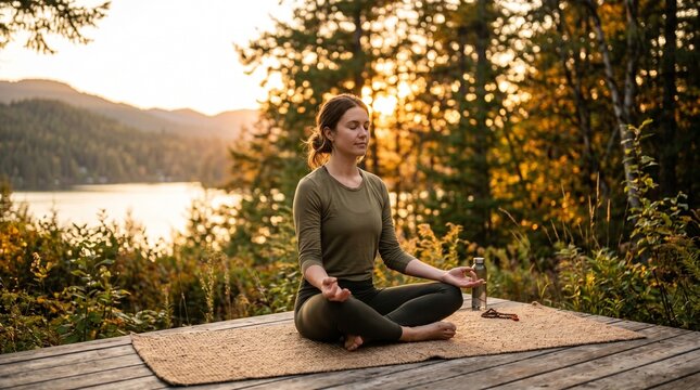 Woman meditating outdoors on yoga mat near lake surrounded by forest during peaceful sunrise in nature mindfulness scene