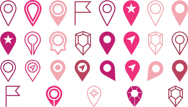 Pink map pin and location marker icon collection with navigation symbols and destination vector elements