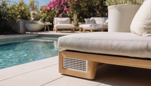 Outdoor wooden lounge chair with cushion by poolside