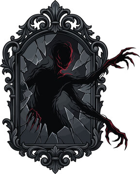 Dark entity emerging from a shattered ornate mirror a terrifying supernatural creature with glowing red eyes and sharp claws concept for horror and mystery