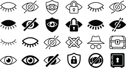 Obraz premium Privacy protection and visibility control icon collection with secure access eye symbols and cybersecurity vector set