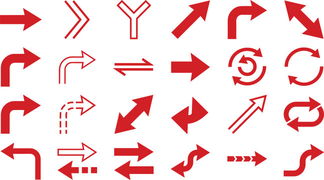 Red arrow icon collection with direction pointers navigation symbols curved arrows and flow vector elements