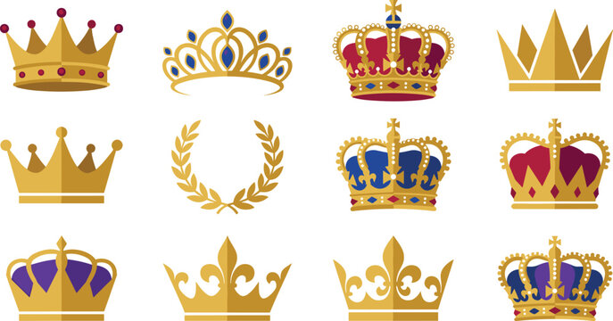 Royal crown and monarchy icon collection with king queen emblems luxury heraldic and prestige vector symbols