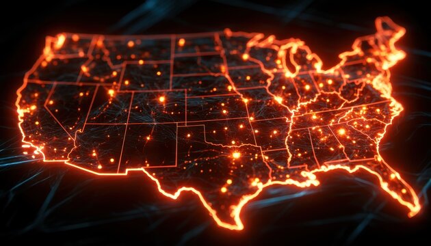 United states map with glowing orange network connections and digital data nodes representing technology and communication across the usa