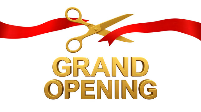 Grand opening with scissors cutting red ribbon isolated on transparent background