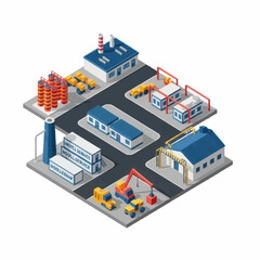 Fototapeta premium Isometric industrial complex with factories warehouses and vehicles.