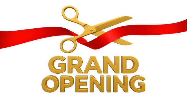 Grand opening with scissors cutting red ribbon isolated on transparent background