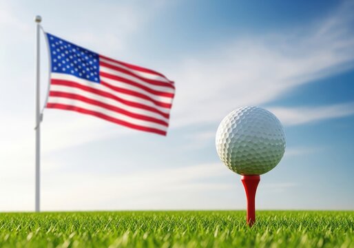 Celebrating 4th of july on the golf course american flag and golf ball on a tee