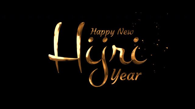 Golden shiny metallic cursive calligraphy happy new hijri year black background stars suitable for festive greetings, social media posts, calendars, and decorations.