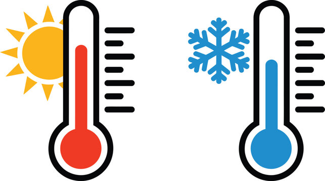 Illustration showing hot and cold temperature thermometers with sun and snowflake icons