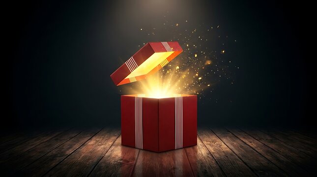 Christmas present explodes with light and magic particles on wooden planks background, holiday surprise gift box opening with sparkling glow and bokeh.