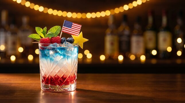 Colorful Independence Day cocktail with red, white, and blue layers, garnished with mint, raspberries, blueberries, and a small American flag on a wooden bar counter