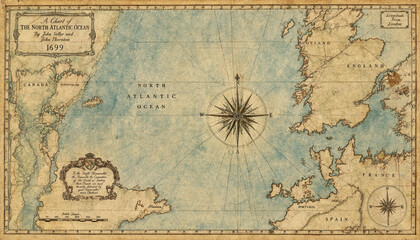 Antique map of the north atlantic ocean dated 1699 featuring vintage cartography with compass roses, nautical lines, and aged parchment paper texture © Ferdous